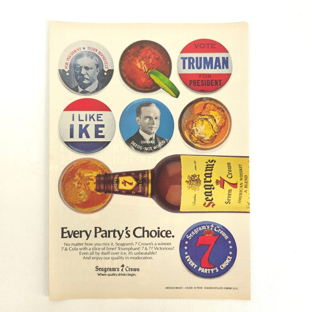 Seagrams 7 Crown Print Ad 1980 Truman Ike Roosevelt Political Button Bar Whiskey